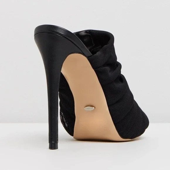 Tony Bianco Black Adee Mesh Ruched High Heel Mules - Picture 5 of 14